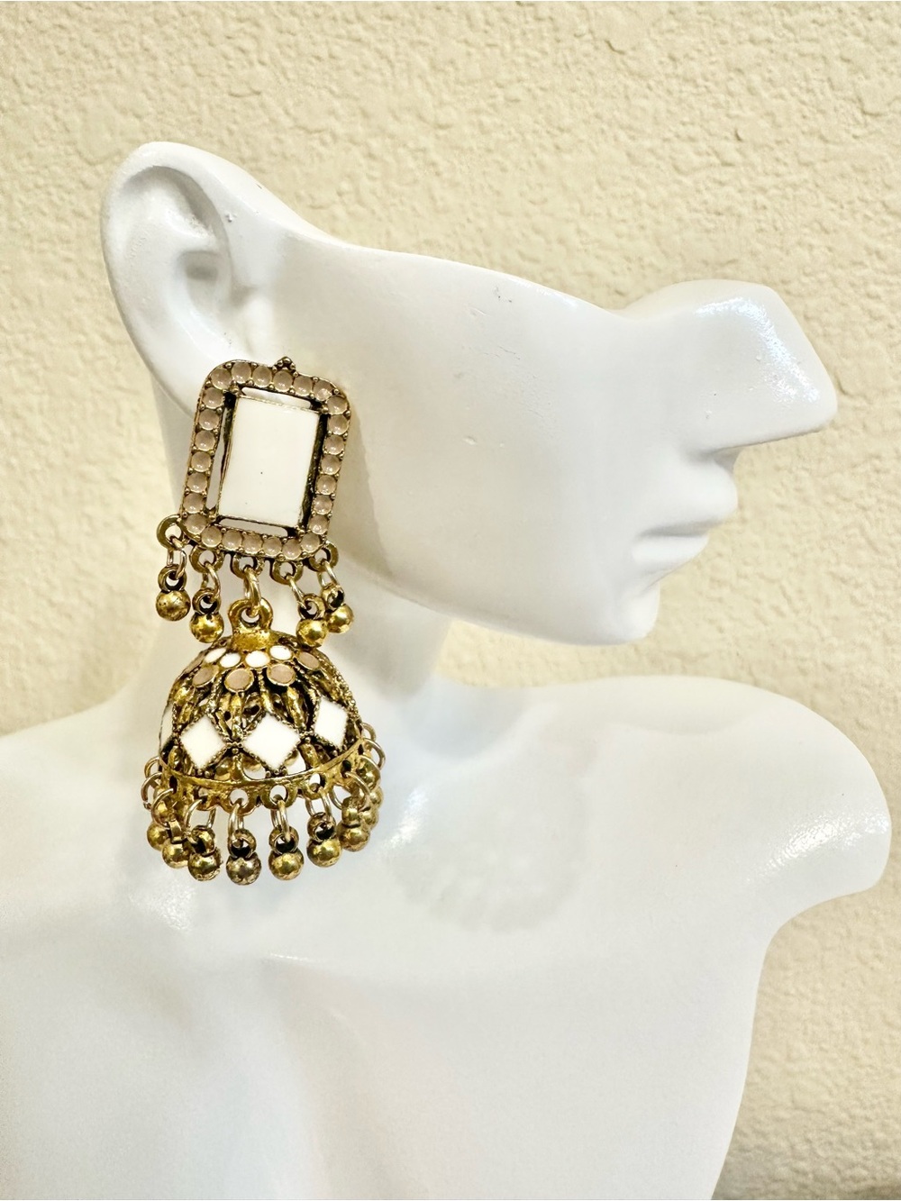 Gold and White Jhumka Drop Earrings